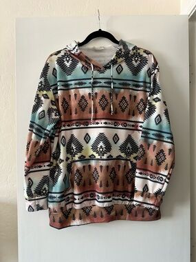 Avery Aztec-Pattern Pullover Hoodie in Teal, Rust, Cream, Black